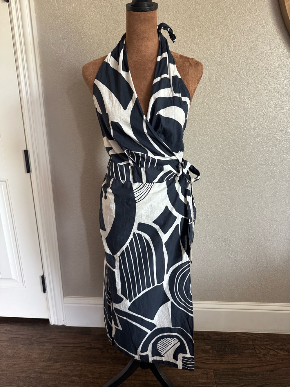 ZARA The Nicole Abstract Geometric Print Halter Wrap Midi Dress XS Navy White